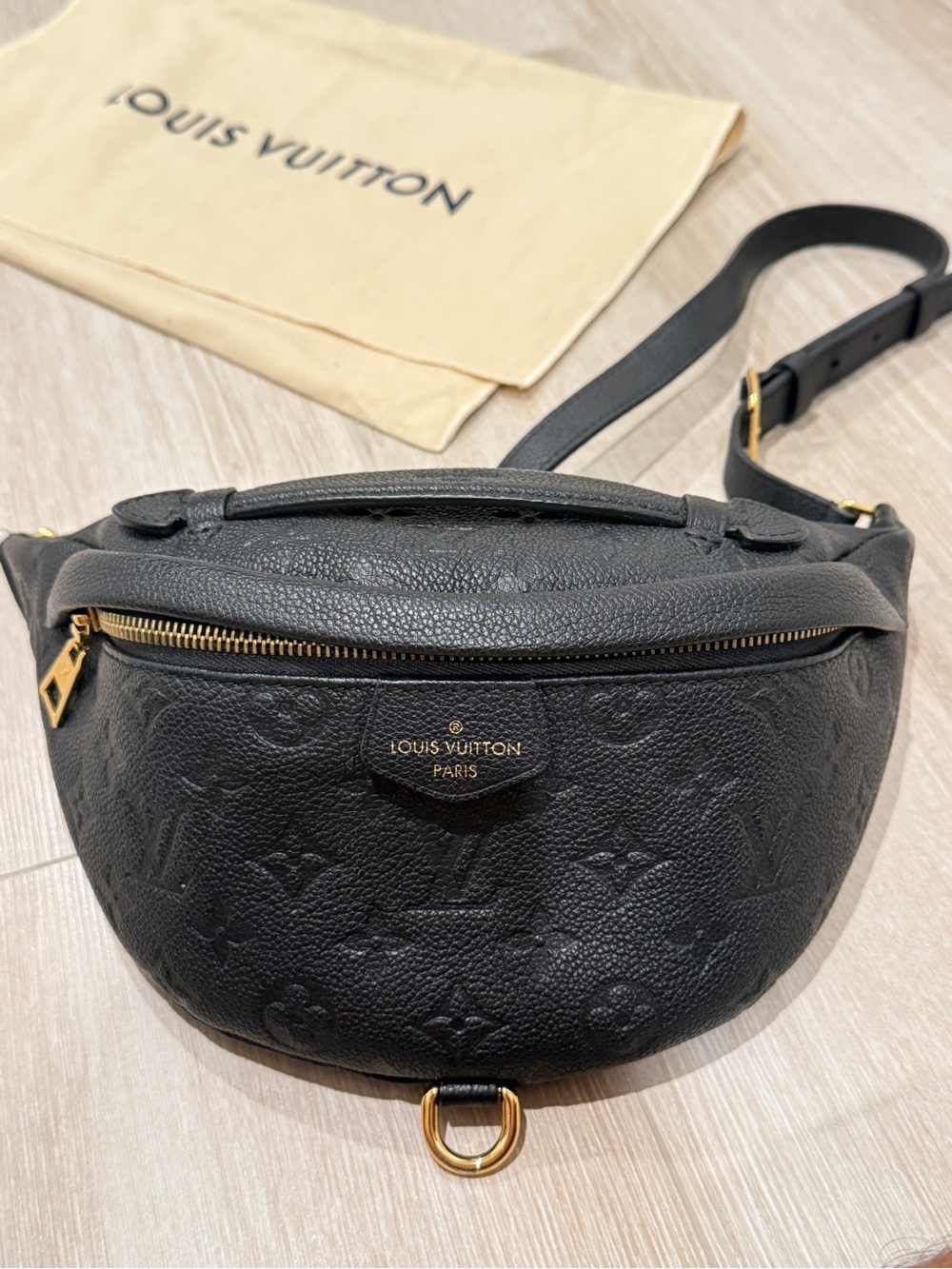 Louis Vuitton Black Monogram Embossed Crossbody Belt Bag with Gold Hardware